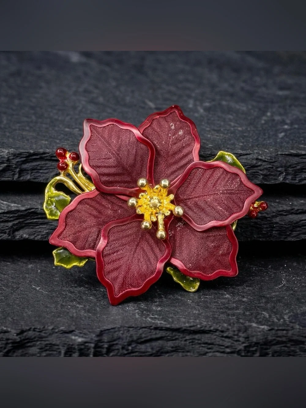 Vintage Y2K Kenneth Cole Burgundy Mesh Poinsettia Christmas Green Enamel Brooch